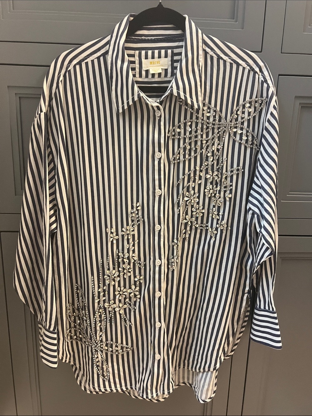 Maeve Black and White Striped Embellished Button-Down Shirt